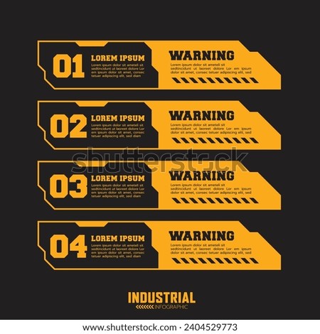 Industrial infographic template with 4 options or steps, warning label sign, lower third banner, geometric strong shapes.