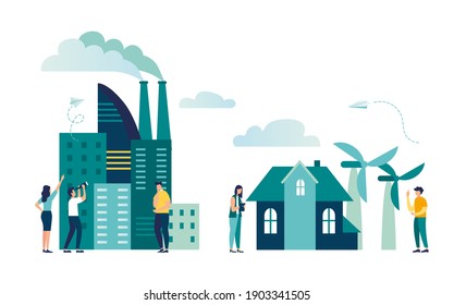 Industrial infographic template, ecology and nature pollution concept, buildings, skyscrapers, factories, house, nature, energy from windmills, vector illustration 