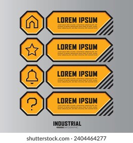 Plantilla de infografía industrial con icono del hogar, icono de estrella, icono de notificación, signo de etiqueta de advertencia, tercer banner inferior.