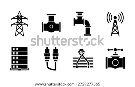 Industrial Infrastructure Icon Set Featuring Power Grids Water Valves Servers and Telecommunication Towers for Smart City Utility Systems