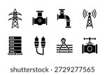 Industrial infrastructure icons set featuring power line tower pipeline valve server rack network antenna and utility silhouette vector illustration