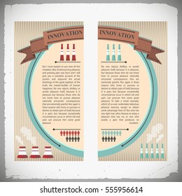 Industrial innovation banners with smokestacks people icons and design elements on glossy striped background isolated vector illustration