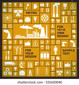 Industrial innovative template with different mechanical building technologic white icons in metro style vector illustration