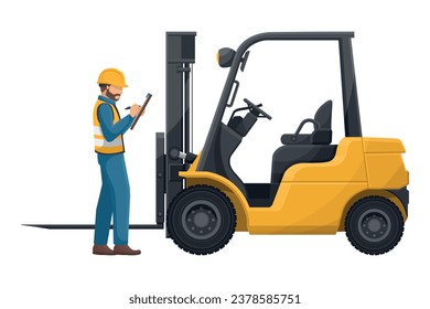 Industrial inspector inspecting a lift truck. Preventive maintenance of an industrial forklift. Industrial storage and distribution of products. Industrial Safety