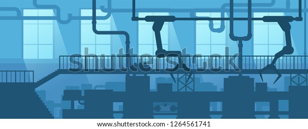 Industrial interior of\
factory, plant. Design scene silhouette industry enterprise. Vector\
illustration