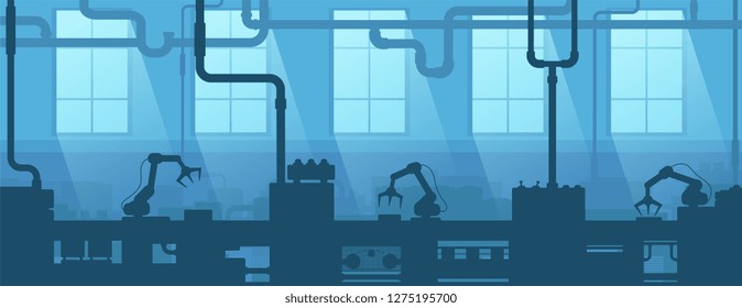 Industrial interior of factory, plant. Silhouette industry enterprise. Manufacturing 4.0. 