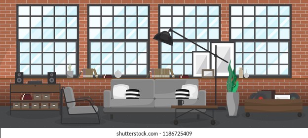 Design plano interior industrial, Loft sala de estar moderna em mobiliário tom escuro com parede de tijolo vermelho