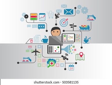 Industrial internet or industry 4.0 vector background with person controlling connected objects from notebook
