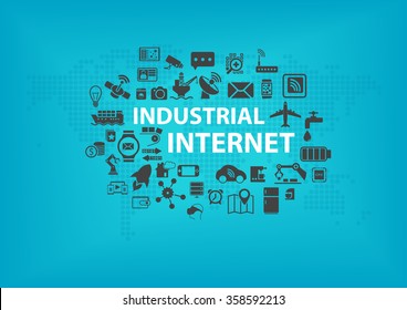 Industrial Internet (IOT) concept with world map and icons of connected devices with blue background