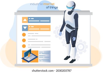 Industrial internet. Robot cybernetic organism works with digital interface using computer. Humanoid virtual technical assistant future. Artificial intelligence and machine learning 4ir, AI, IoT