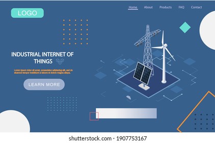 Industrial internet of things 4ir revolution, AI, IoT. Smart alternative energy concept webpage with solar panels, wind turbines, battery storage, high voltage electricity power transmission grid