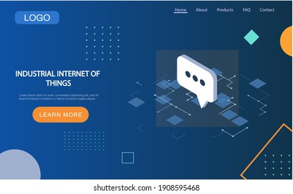Industrial internet of things 4ir revolution, AI, IoT. Online chat isometric icon on blue background. Chatting and communication concept. Information exchange, social media messaging, networking
