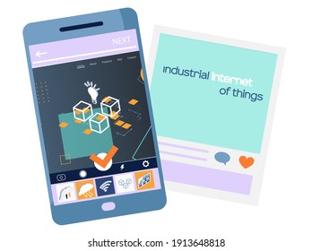 Industrial internet of things app on phone screen. New business ideas by using digital technology, innovative methods in field of information processing and storage, digitization and automation