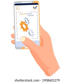 Industrial internet of things application on phone screen with gear sign. Business ideas by using digital technology innovative methods in field of information processing, digitization and automation