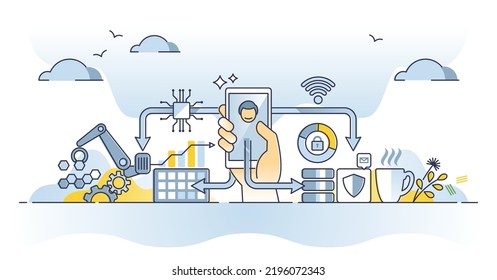 Internet industrial de cosas con el concepto de esquema de tecnología de IOT de fábrica. Conexión de dispositivos y comunicación de red digital para automatización de procesos e ilustración de vector de monitoreo de tecnología inteligente.