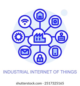 Ícone conceitual da Internet das Coisas Industrial (IIoT). Fábrica inteligente. Tecnologias modernas. Indústria 4.0. Produção automatizada. Ilustração linear de vetor.