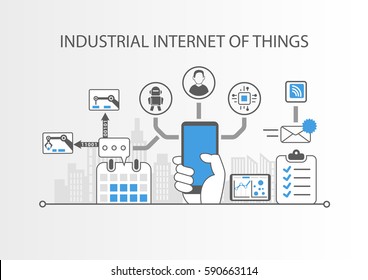 Industrial internet of things or industry 4.0 concept with simple icons on grey background