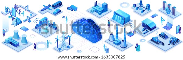 Industrial internet of things infographic\
horizontal banner, blue neon concept with factory, electric power\
station, cloud 3d isometric icon, smart transport system, mining\
machines, data\
protection
