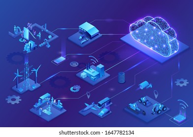 Industrial internet of things  infographic illustration, blue neon concept with factory, electric power station, cloud 3d isometric icon, smart transport system, mining machines, data protection