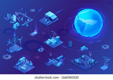 Industrial internet of things  infographic illustration, blue neon concept with factory, electric power station, globe 3d isometric icon, smart transport system, mining machines, data protection