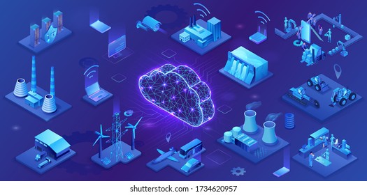 Industrial internet of things  infographic illustration, blue neon concept with factory, electric power station, cloud 3d isometric icon, smart transport system, mining machines, data protection svg