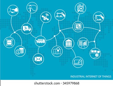 Industrial Internet Of Things (IOT) Concept. World Map Of Connected Value Chain Of Goods Including Business Process Automation