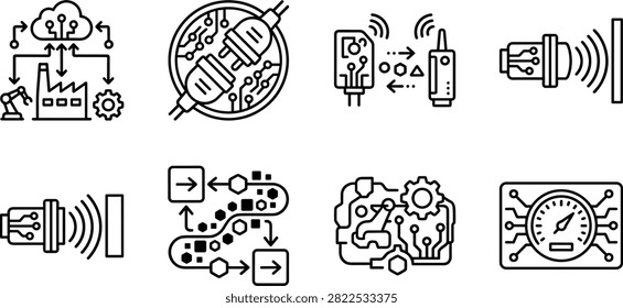 Industrial Internet of Things IoT Line Art Icon Set with Smart Factory Automation Cloud Tech Circuit Plugs Sensors and System Flowchart Symbols