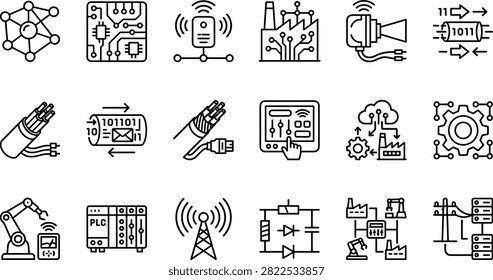 Industrial Internet of Things IoT Line Art Icon Set with Smart Factory Telemetry Fiber Optic Data Cables PLC Cabinets and Robotic Automation System Symbols