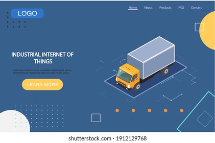 Industrial internet things landing page template. Smart logistics delivery and digital services, technologies of future. Web banner with track 4ir revolution, AI, IoT. Innovative industrial transportation