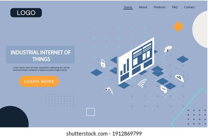 Industrial internet of things landing page template. Modern information technology and networking. Computing concept design cloud database. Internet data services, resources 4ir revolution, AI, IoT