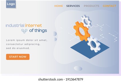 Industrial internet of things landing page template with cogwheel detail. Artificial intelligence and big data concept. Business growth computer and investment industry, digitization and automation