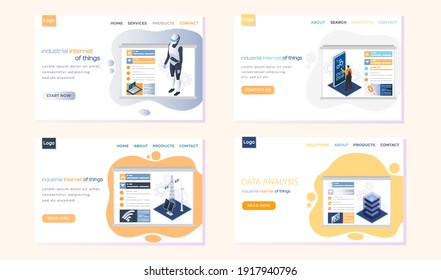 Industrial internet of things landing page template set. Modern technological progress smart industrial manufacturing. Equipment for alternative energy, robots and programmed production control