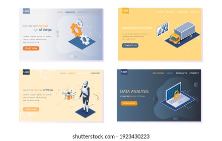 Industrial internet of things landing page set of four templates. Artificial intelligence and big data concept. Growth computer and investment industry, digitization and automation, technical progress