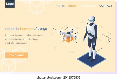 Industrial internet of things landing page template with humanoid and quadcopter newest technologies attributes of technological progress. Robot artificial intelligence controls modern mobile