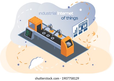 Industrial internet of things. Machinery robotic arm autonomous production. Automated factory assembly line with stand-alone tool conveyor belt controlled manufacturing process 4ir revolution, AI, IoT