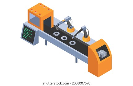 Industrial internet of things. Machinery and robotic arm autonomous production. Automated factory assembly line with stand-alone tool, conveyor belt controlled manufacturing process, modern equipment