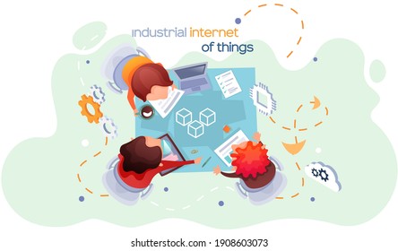Industrial internet of things. New business ideas by using contemporary digital 4ir revolution, AI, IoT. Team of business people sitting at table and discussing about introduction of new achievements