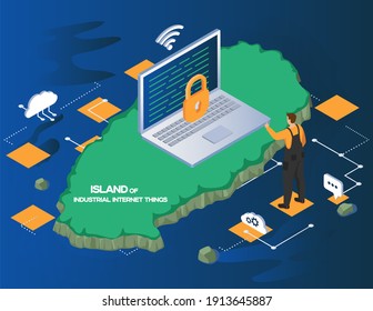 Industrielles Internet von Dingen geöffnet Laptop und geschlossen Padlock Symbol. Digitale Technologien, Schutz personenbezogener Daten, zuverlässige Software. Computing Verbindung 4ir Revolution, AI, IoT. Sicherheitsinsel
