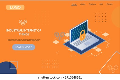 Industrial internet of things with opened laptop and closed padlock symbol. Digital technologies, personal data protection concept, reliable software. Computing connection 4ir revolution, AI, IoT