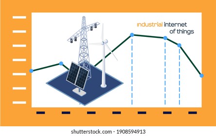 Industrial internet of things poster with smart alternative energy equipment and indicators change graph. Solar panels wind turbines, battery storage, high voltage electricity power transmission grid