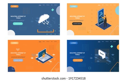 Industrial internet of things, production landing page set. Technologies reliable data storage system. Innovative methods of transmission by software, communication systems 4ir revolution, AI, IoT