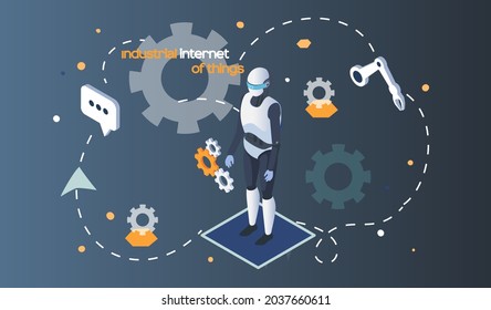 Industrial internet things. Robot cybernetic organism works digital interface. Humanoid virtual technical assistant future. Artificial intelligence innovative automation system 4ir revolution, AI, IoT