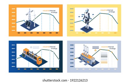 Industrial internet of things set of posters. Modern technological progress, dynamics of development of industrial sectors. Equipment for alternative energy, robots and programmed production control