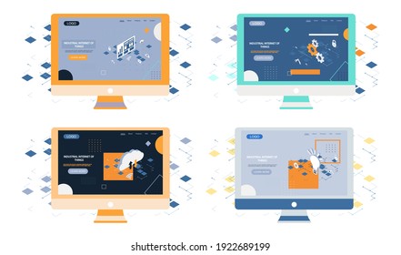 Industrial internet of things set of webpages on computer. Modern information technology and networking. Computing concept design cloud database. Internet data services, resources vector illustration