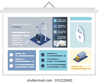 Industrial internet of things. Smart alternative energy concept webpage with solar panels, wind turbines, battery storage, high voltage electricity power transmission grid. 4ir revolution, AI, IoT
