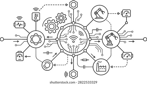Industrial Internet of Things Smart Factory Blueprint Graphic with Digital Circuit Board Wi-Fi Connectivity Robotic Arms and Automation Line Art Icons
