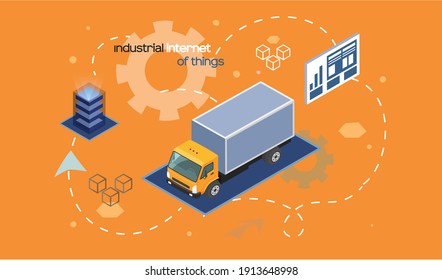 Industrial internet of things. Smart logistics delivery digital services, technologies of future. 4ir revolution, AI, IoT track on yellow. Innovative industrial transportation using storage system