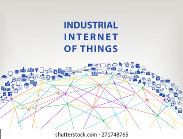 Industrial internet of things vector illustration background. World wide web concept visualized by globe wireframe and connections between different connected devices