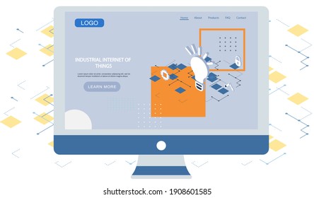 Industrial internet of things webpage on computer. New business ideas by using digital technology innovative methods in field of information processing and storage, digitization and automation