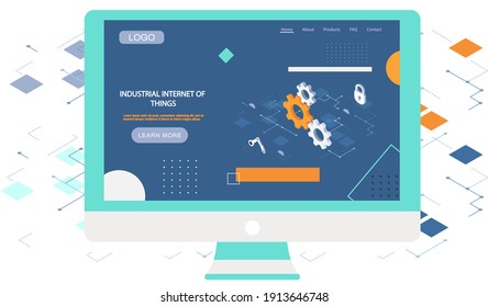 Industrial internet of things webpage on monitor with cogwheel detail. Artificial intelligence and big data concept. Business growth computer and investment industry, digitization and automation